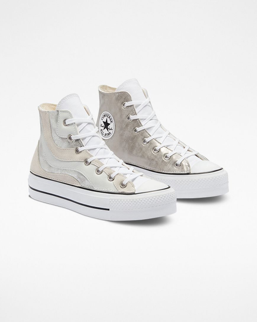 Sapatos Plataforma Converse Chuck Taylor All Star Lift Metallic Wave Cano Alto Feminino Branco | PT D0T517P